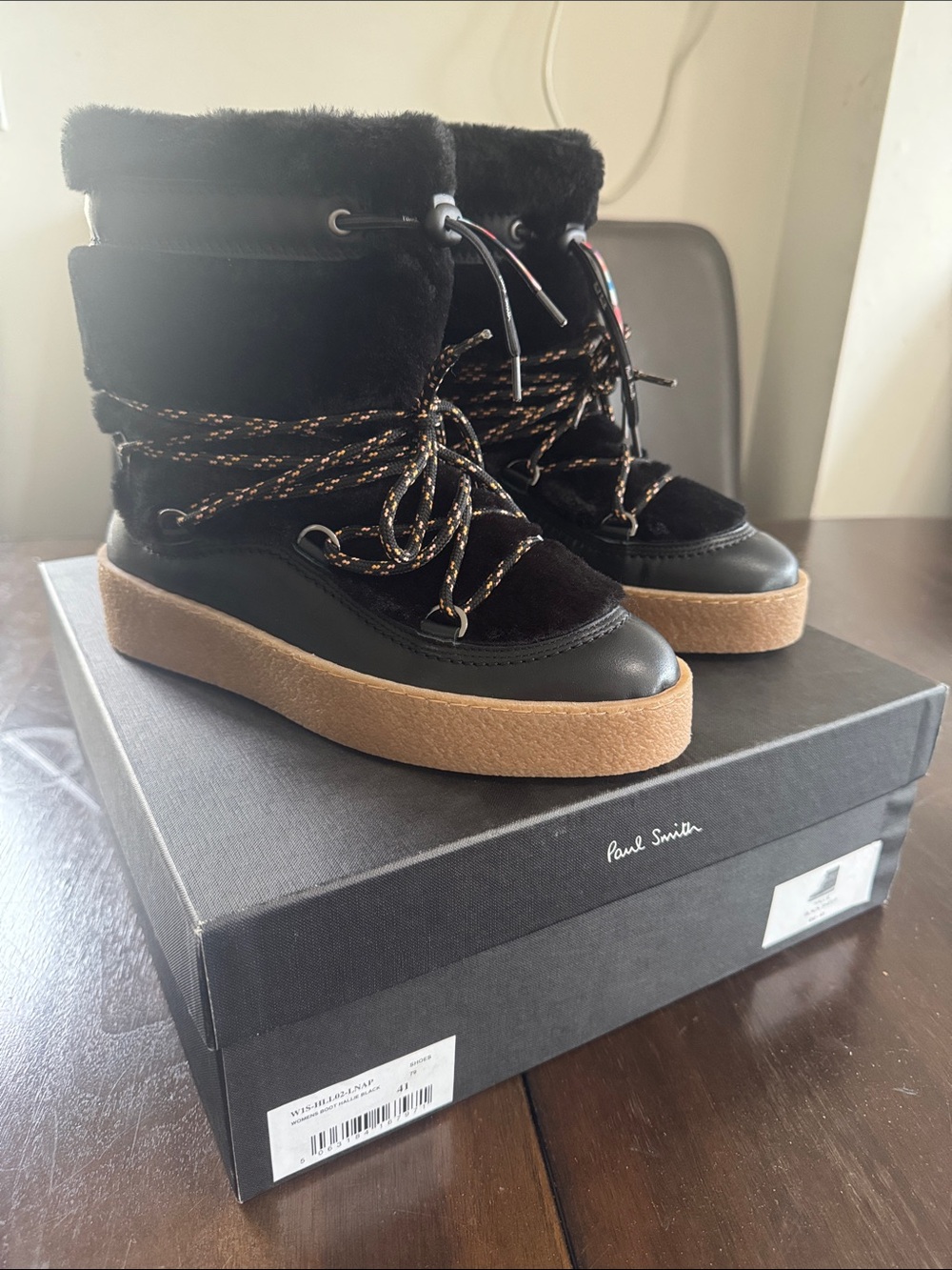 Paul Smith Black Faux-Fur Lace-Up Winter Boots with Tan Crepe Sole